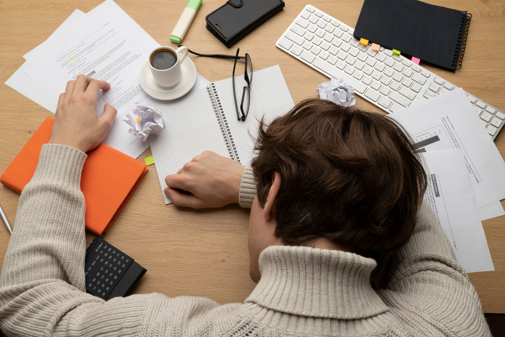 Estudante passando por procrastinação nos estudos deitado sobre a mesa com cadernos, folhas e outros itens ao redor.