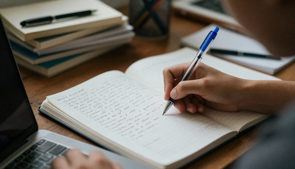 Estudante escrevendo redação do ENEM em caderno, representando os erros de redação estruturais que travam a nota nos 700 pontos