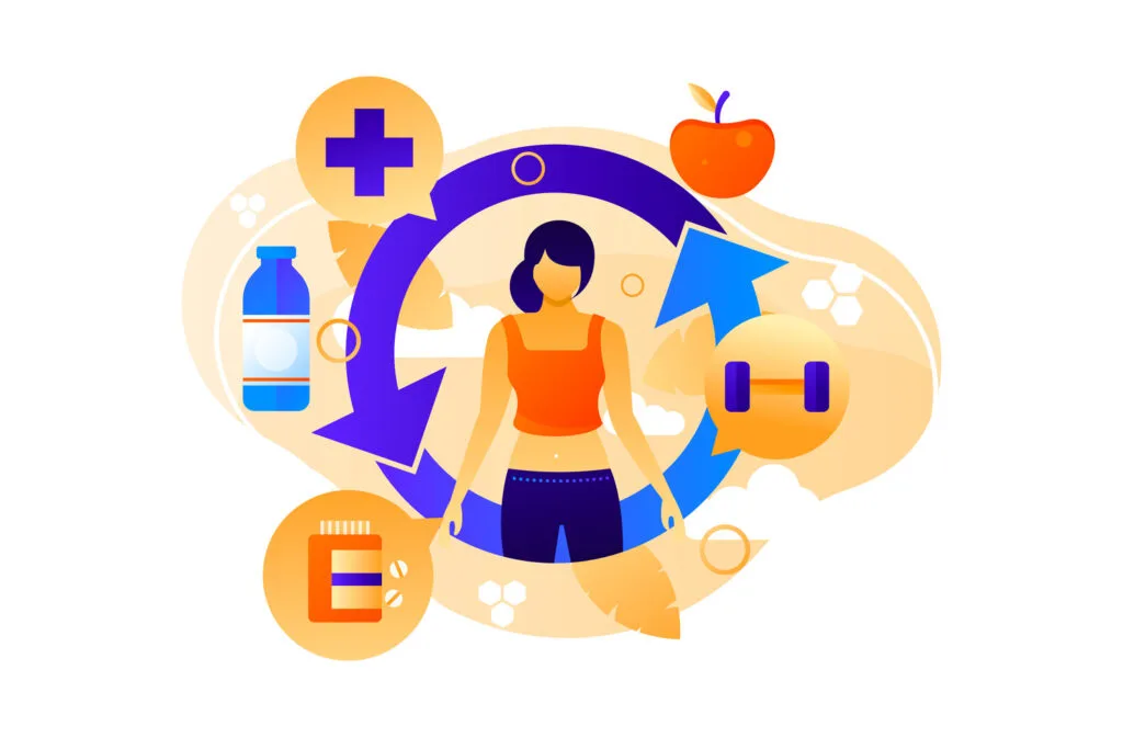 Ilustração representando metabolismo energético no corpo humano, com elementos ligados à saúde, nutrição e produção de energia celular.