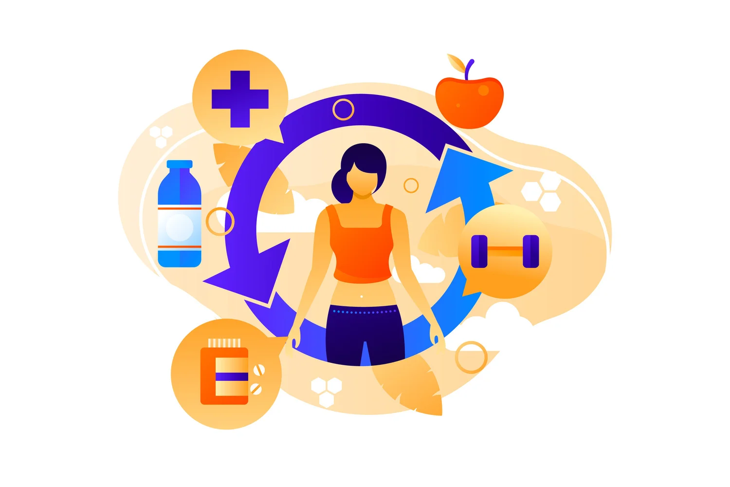 Ilustração do metabolismo energético com figura humana ao centro e ícones de nutrição, hidratação e atividade física ao redor