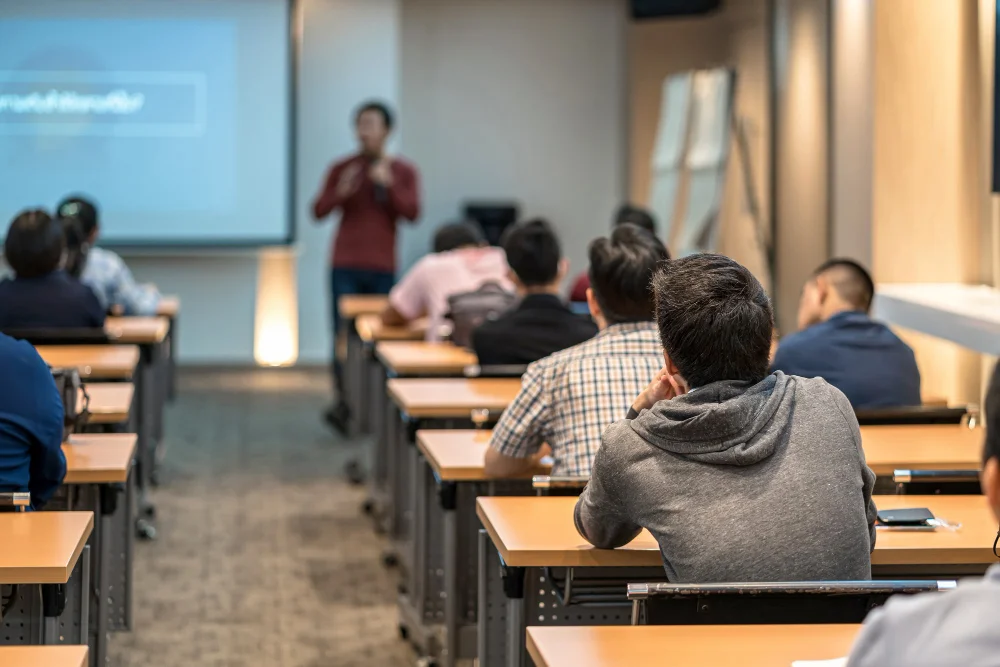 Estudantes em sala de aula assistindo a aula preparatória, representando a preparação para o ENEM antes de se inscrever no SISU