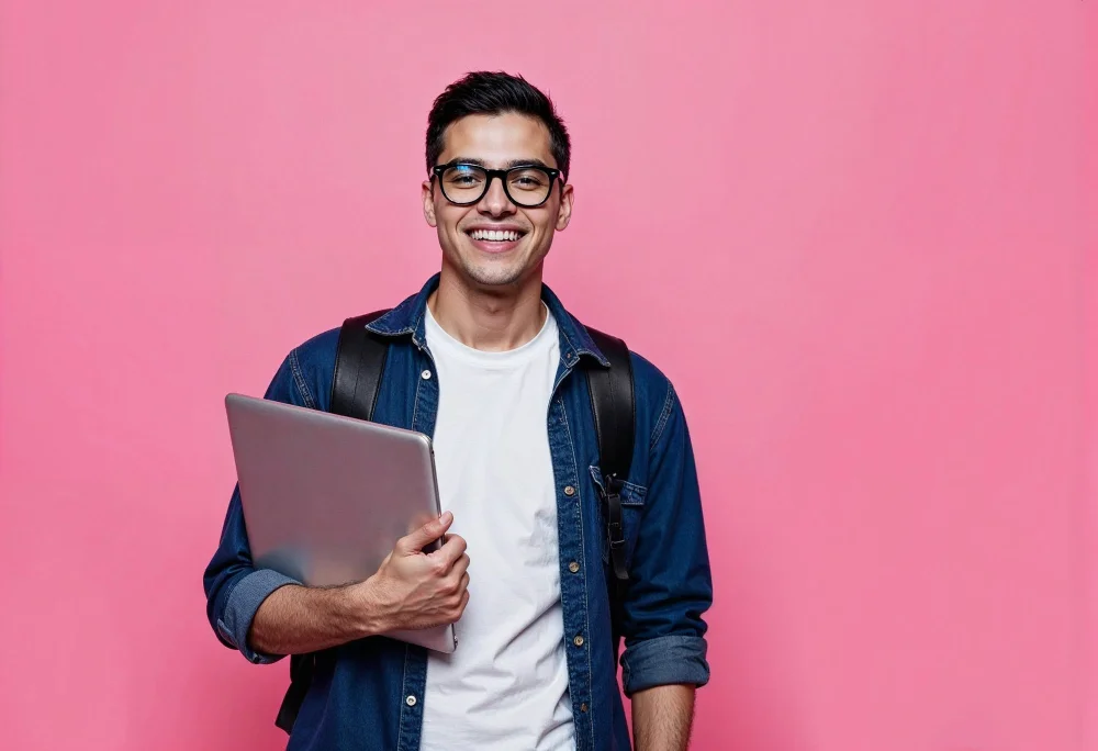 Estudante sorrindo com notebook e mochila representando quem tem direito à isenção da taxa do ENEM.
