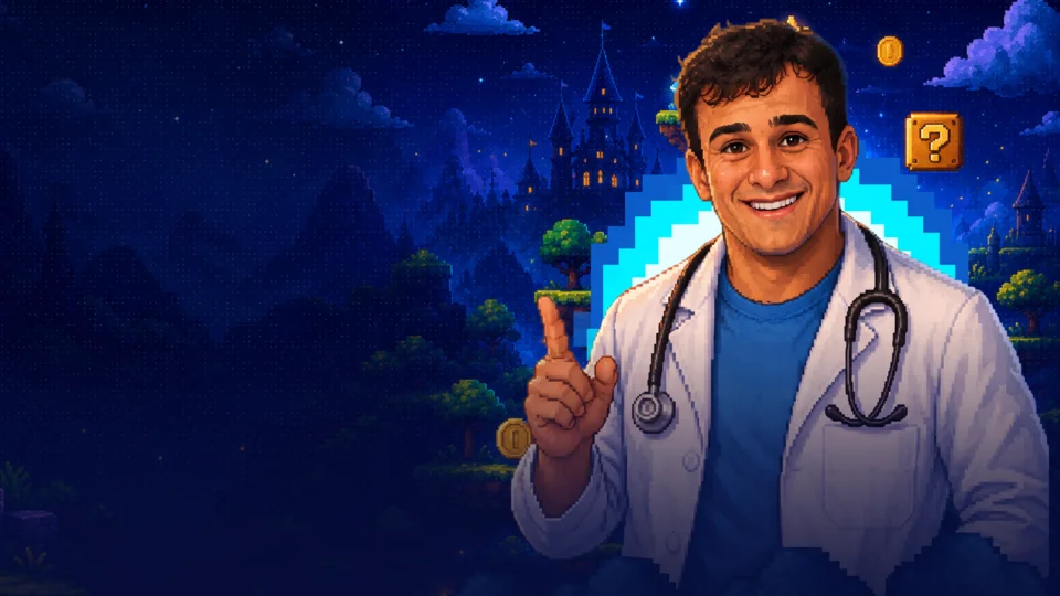 Pedro Assaad sorridente faz sinal de positivo, representando o jogo MatSpeed da Assaad Games